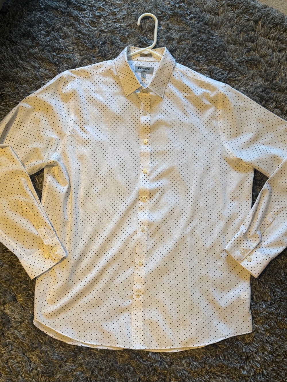Express Men's White performance Dress Shirt with Navy Micro Dots